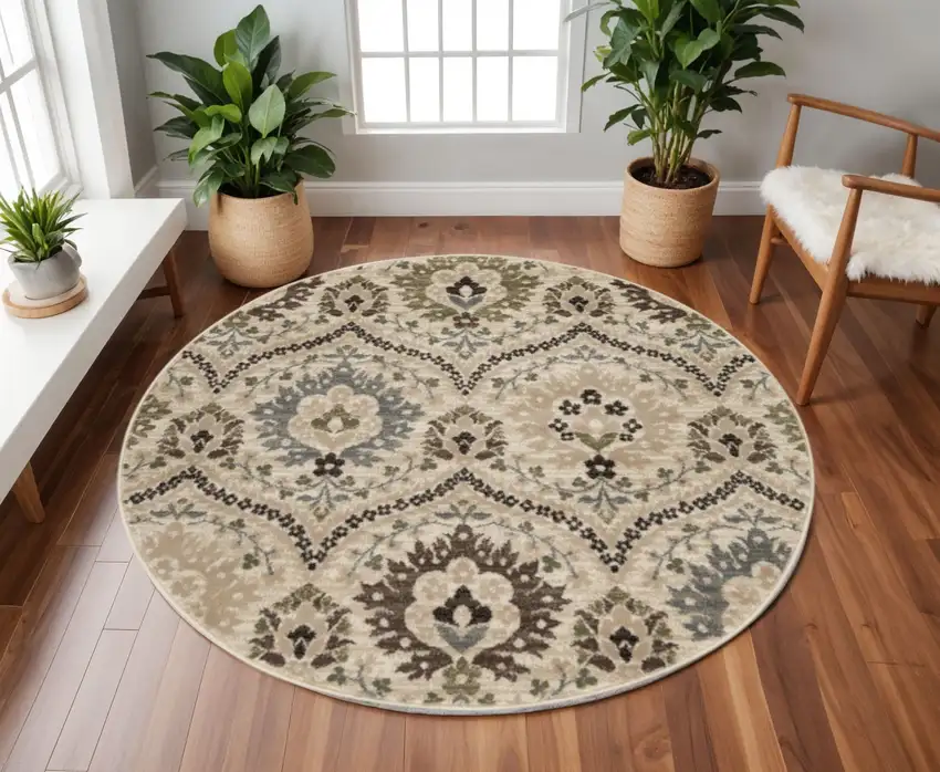 8' Brown Beige And Gray Floral Round Rug Photo 1