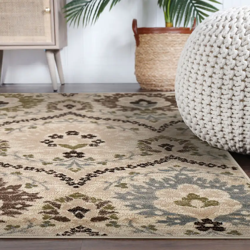 5' Brown Beige And Gray Floral Square Rug Photo 7