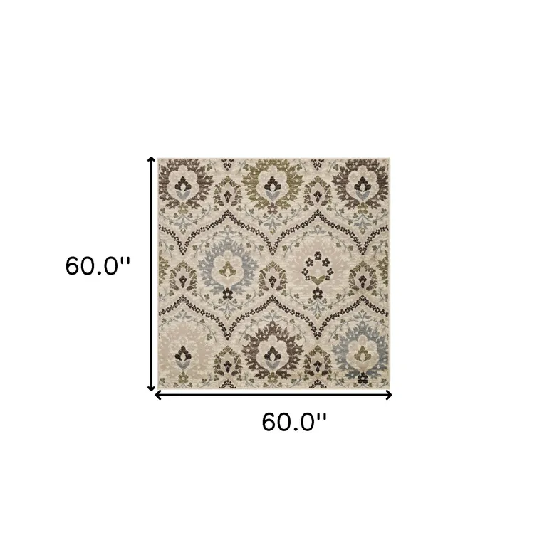 Ivory Gray And Olive Square Floral Stain Resistant Area Rug Photo 4