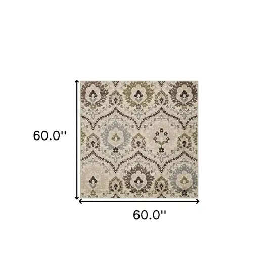 5' Brown Beige And Gray Floral Square Rug Photo 3