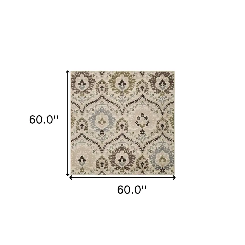 5' Brown Beige And Gray Floral Square Rug Photo 3