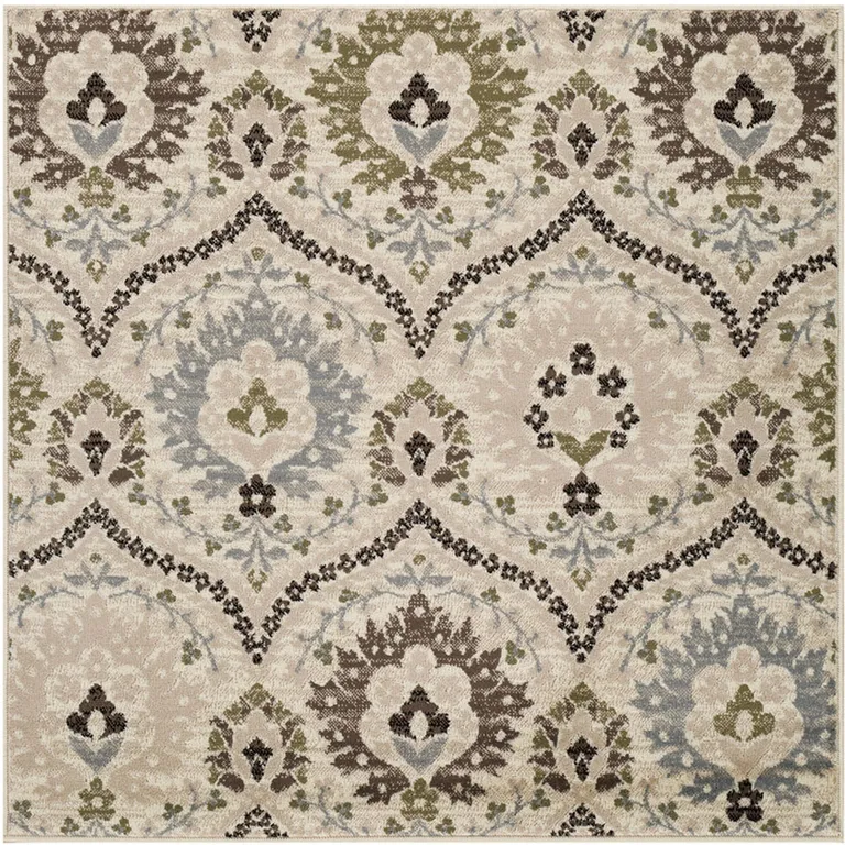 Ivory Gray And Olive Square Floral Stain Resistant Area Rug Photo 3