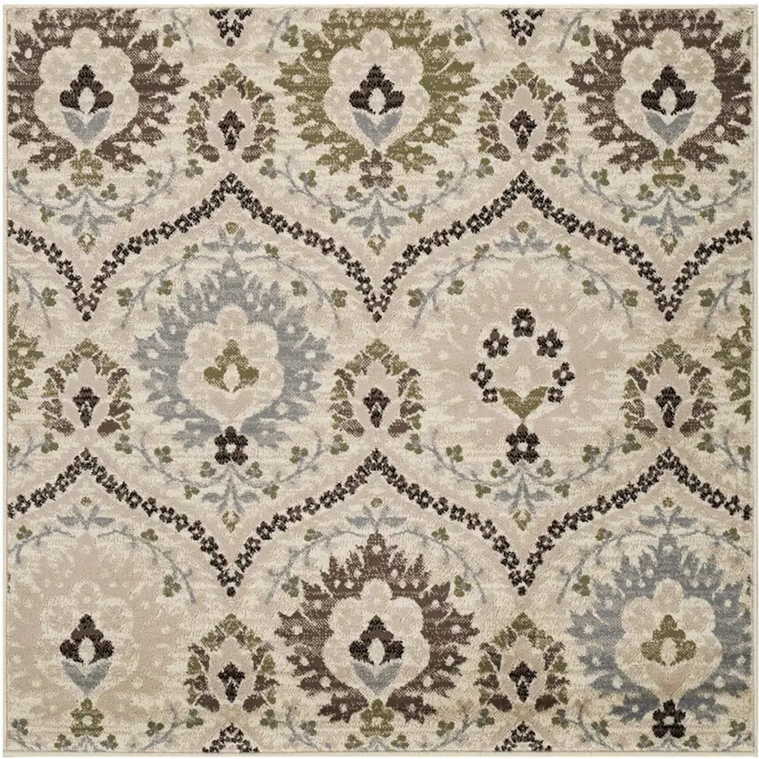 5' Brown Beige And Gray Floral Square Rug Photo 2