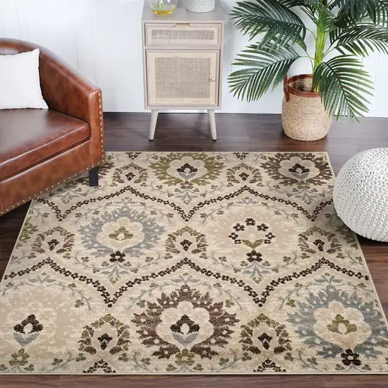 5' Brown Beige And Gray Floral Square Rug Photo 8