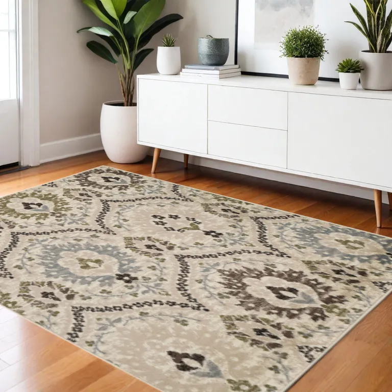 Ivory Gray And Olive Square Floral Stain Resistant Area Rug Photo 2