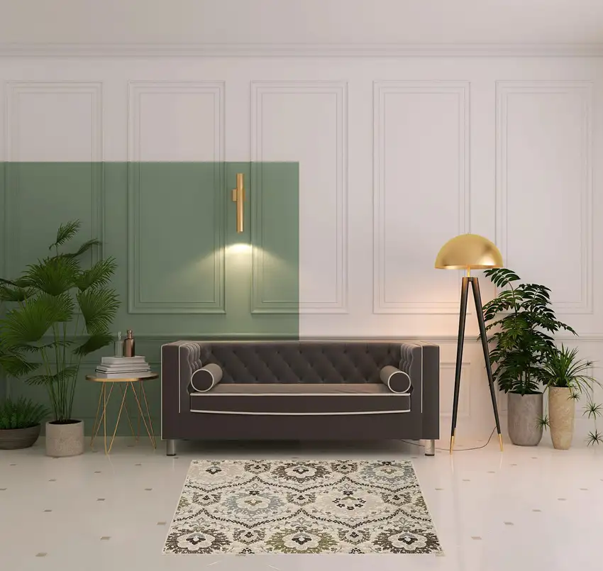 Ivory Gray And Olive Square Floral Stain Resistant Area Rug Photo 9