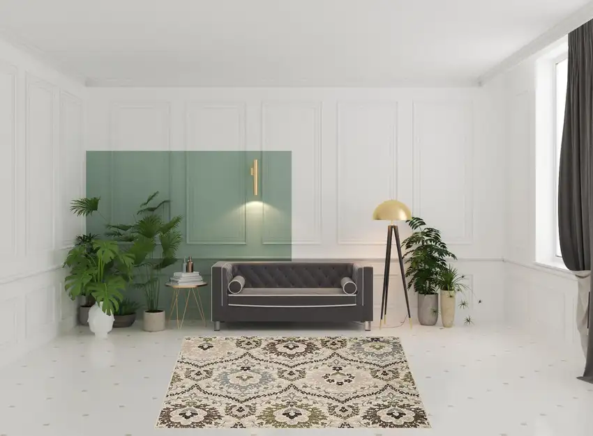 Ivory Gray And Olive Square Floral Stain Resistant Area Rug Photo 9