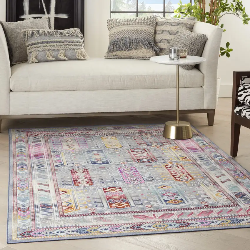 Ivory Gray And Red Floral Distressed Area Rug Photo 3