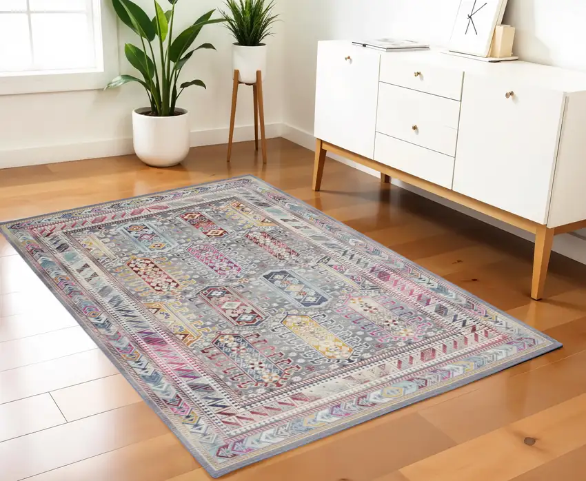 Ivory Gray And Red Floral Distressed Area Rug Photo 1