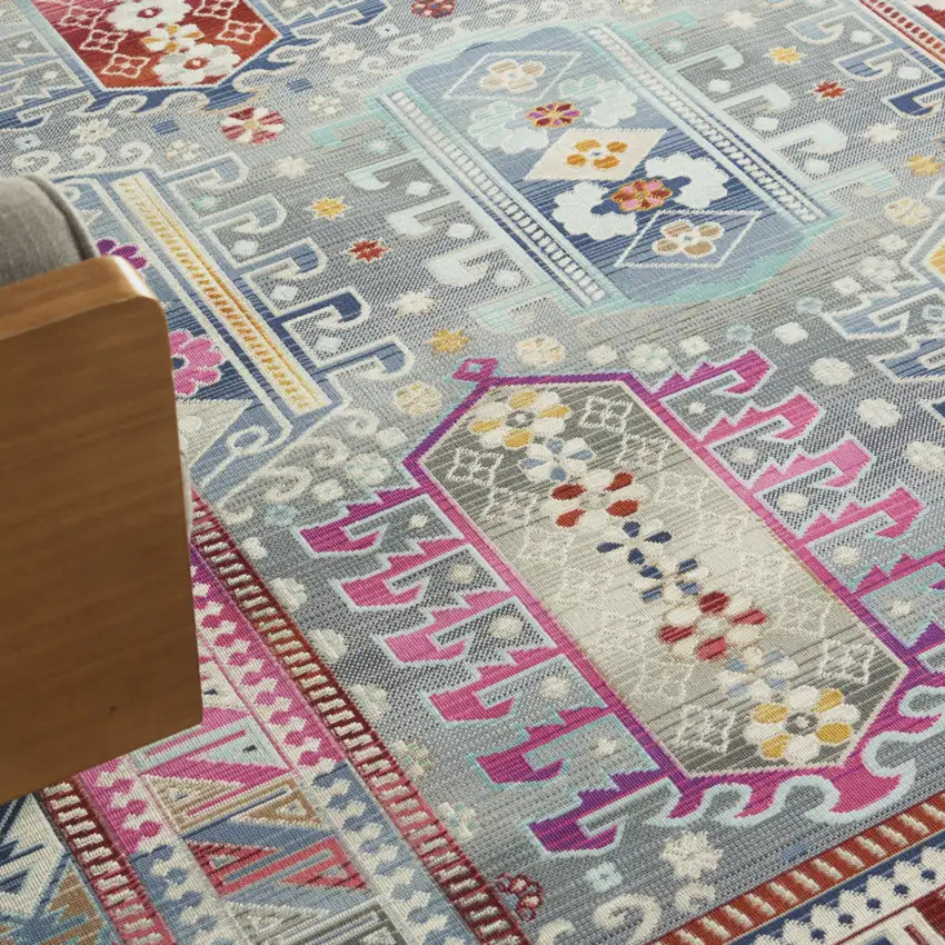 Ivory Gray And Red Floral Distressed Non Skid Area Rug Photo 8