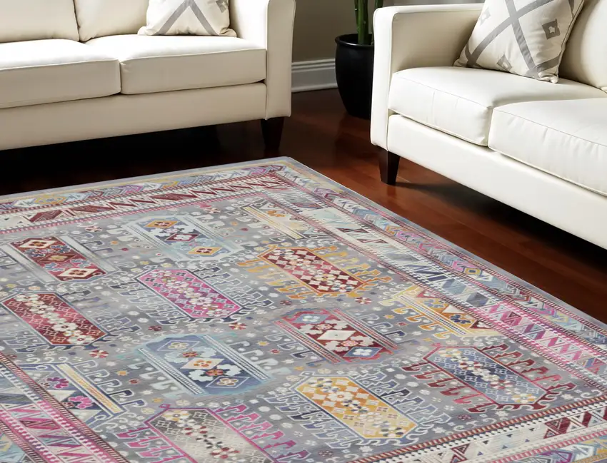 Ivory Gray And Red Floral Distressed Non Skid Area Rug Photo 1