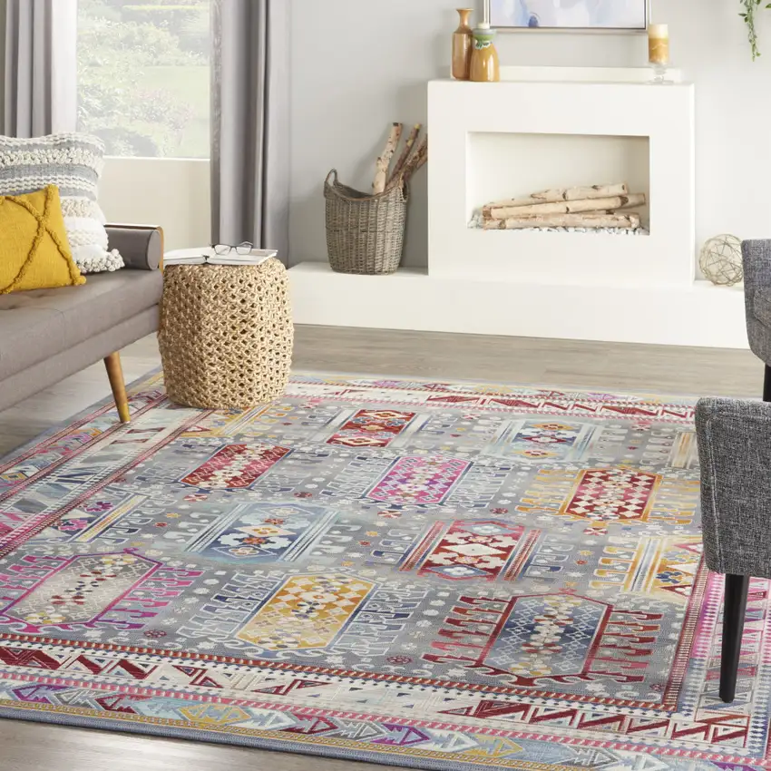 Ivory Gray And Red Floral Distressed Non Skid Area Rug Photo 5