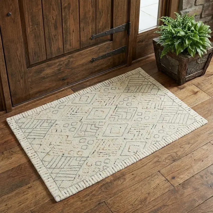 Ivory Gray And Rust Wool Geometric Hand Hooked Area Rug Photo 1