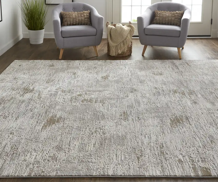 Ivory Gray And Tan Abstract Power Loom Distressed Stain Resistant Area Rug Photo 7