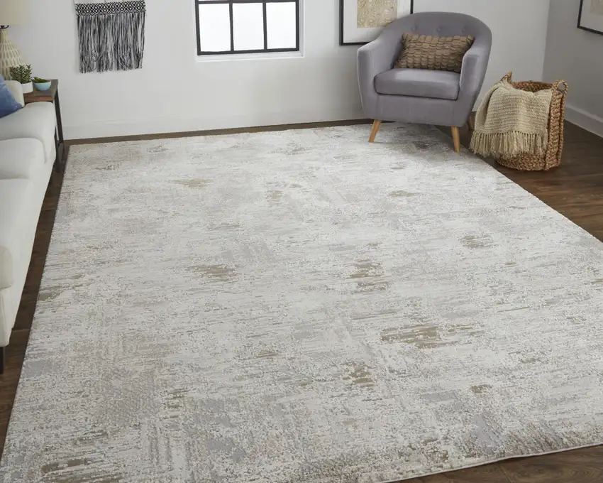 Ivory Gray And Tan Abstract Power Loom Distressed Stain Resistant Area Rug Photo 6