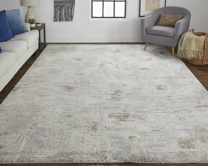 Ivory Gray And Tan Abstract Power Loom Distressed Stain Resistant Area Rug Photo 5