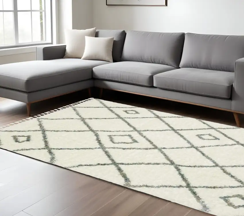 Ivory Gray And Tan Diamond Shag Area Rug With Fringe Photo 1
