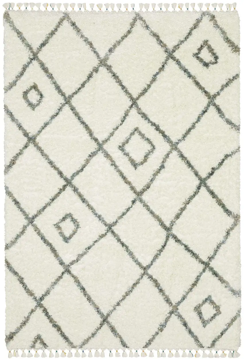 Ivory Gray And Tan Diamond Shag Area Rug With Fringe Photo 7