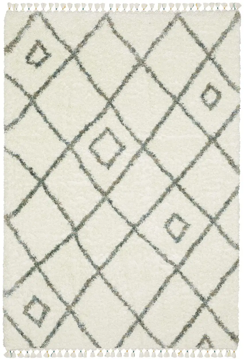 Ivory Gray And Tan Diamond Shag Area Rug With Fringe Photo 2