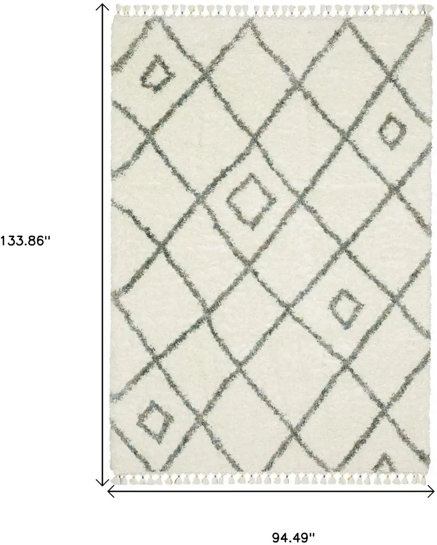 Ivory Gray And Tan Diamond Shag Area Rug With Fringe Photo 3