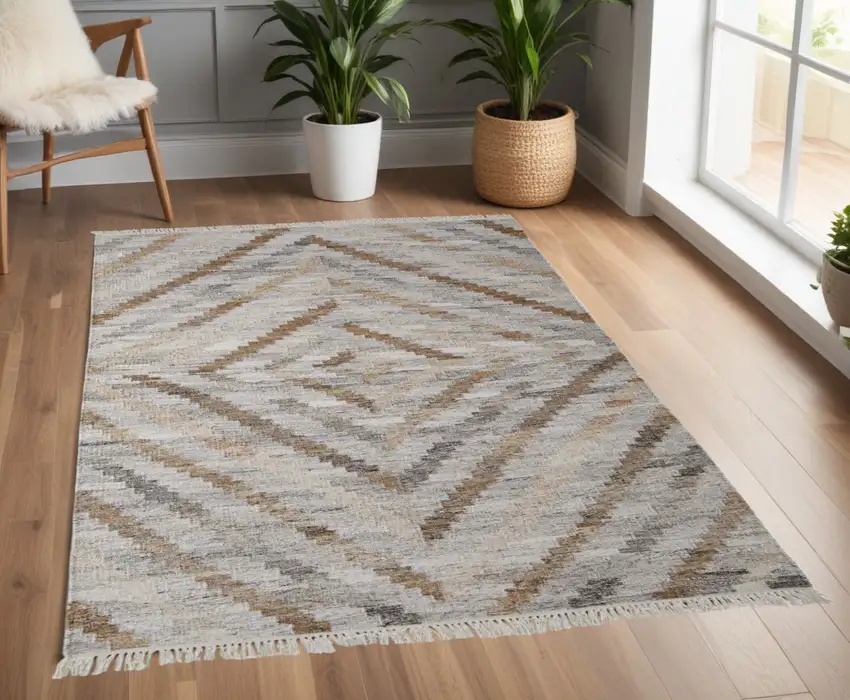 Gray and Ivory Geometric Hand Woven Area Rug With Fringe Photo 1