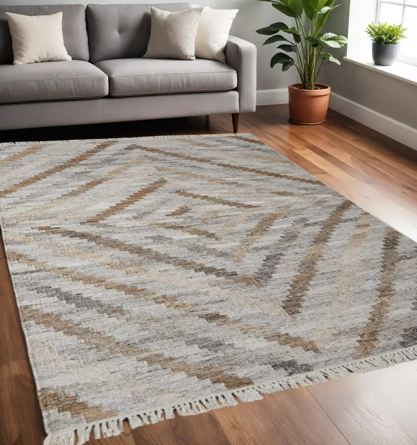 Gray and Ivory Geometric Hand Woven Area Rug With Fringe Photo 1