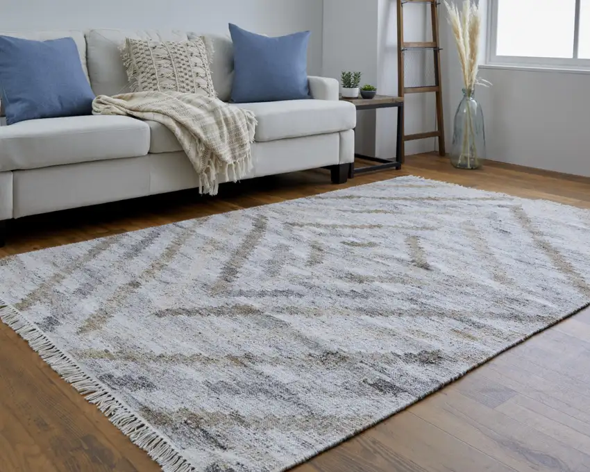 Ivory Gray And Tan Geometric Hand Woven Stain Resistant Area Rug With Fringe Photo 7