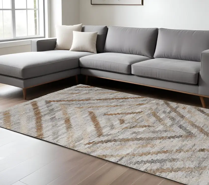 Gray and Ivory Geometric Hand Woven Area Rug With Fringe Photo 1