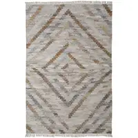 Photo of Ivory Gray And Tan Geometric Hand Woven Stain Resistant Area Rug With Fringe