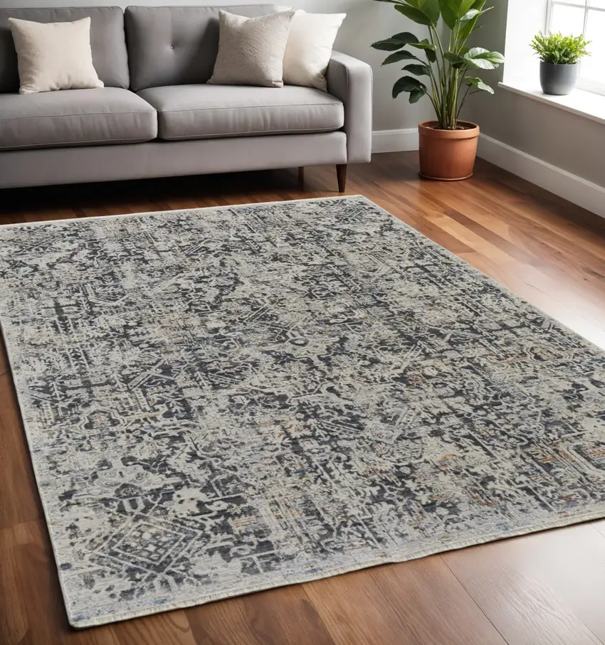 Gray and Ivory Abstract Power Loom Distressed Non Skid Area Rug With Fringe Photo 1