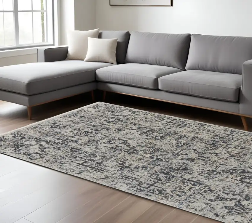 Gray and Ivory Abstract Power Loom Distressed Non Skid Area Rug With Fringe Photo 1