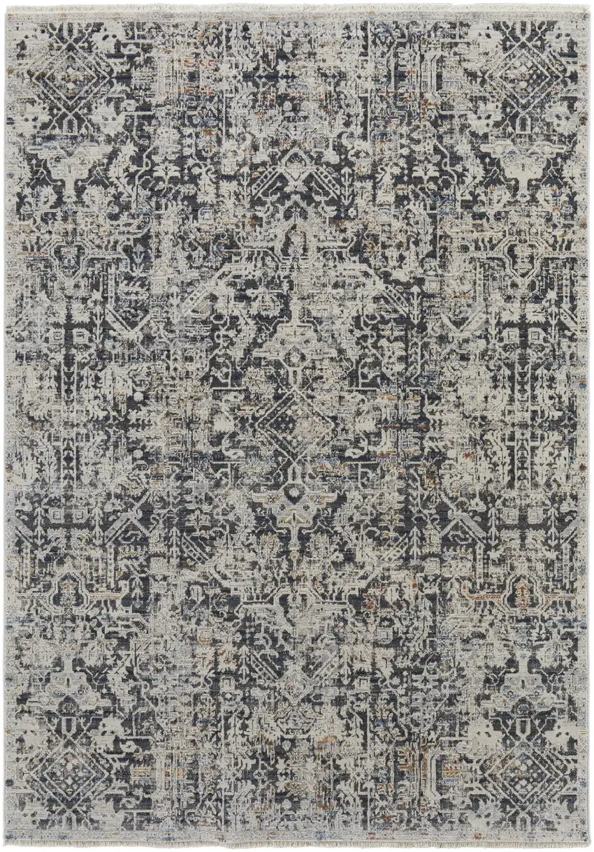 Ivory Gray And Taupe Abstract Power Loom Distressed Area Rug With Fringe Photo 3