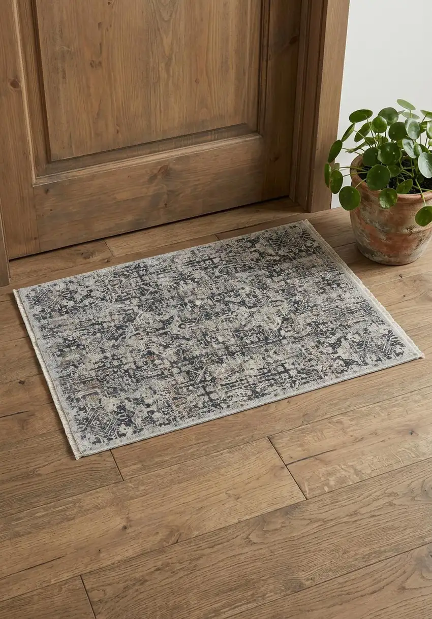 Ivory Gray And Taupe Abstract Power Loom Distressed Area Rug With Fringe Photo 1