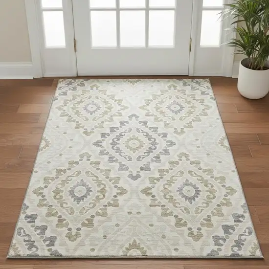 Ivory Gray And Taupe Diamond Washable Area Rug With UV Protection Photo 2