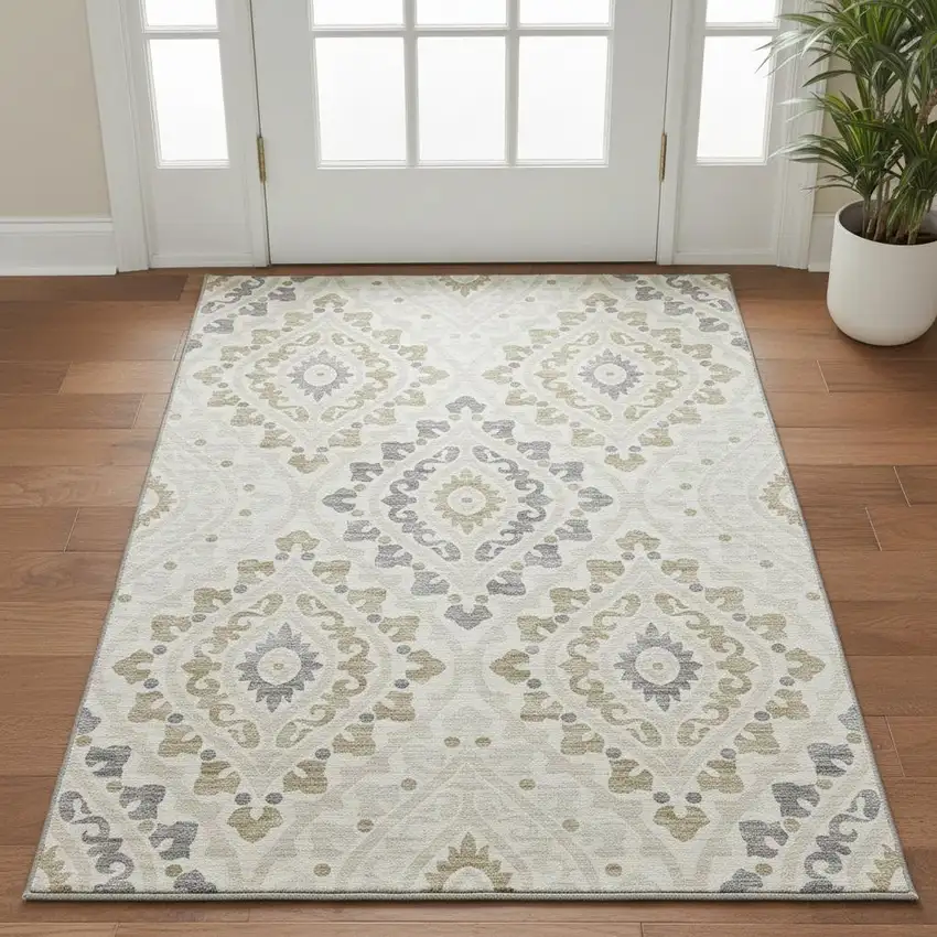 Ivory Gray And Taupe Diamond Washable Area Rug With UV Protection Photo 2