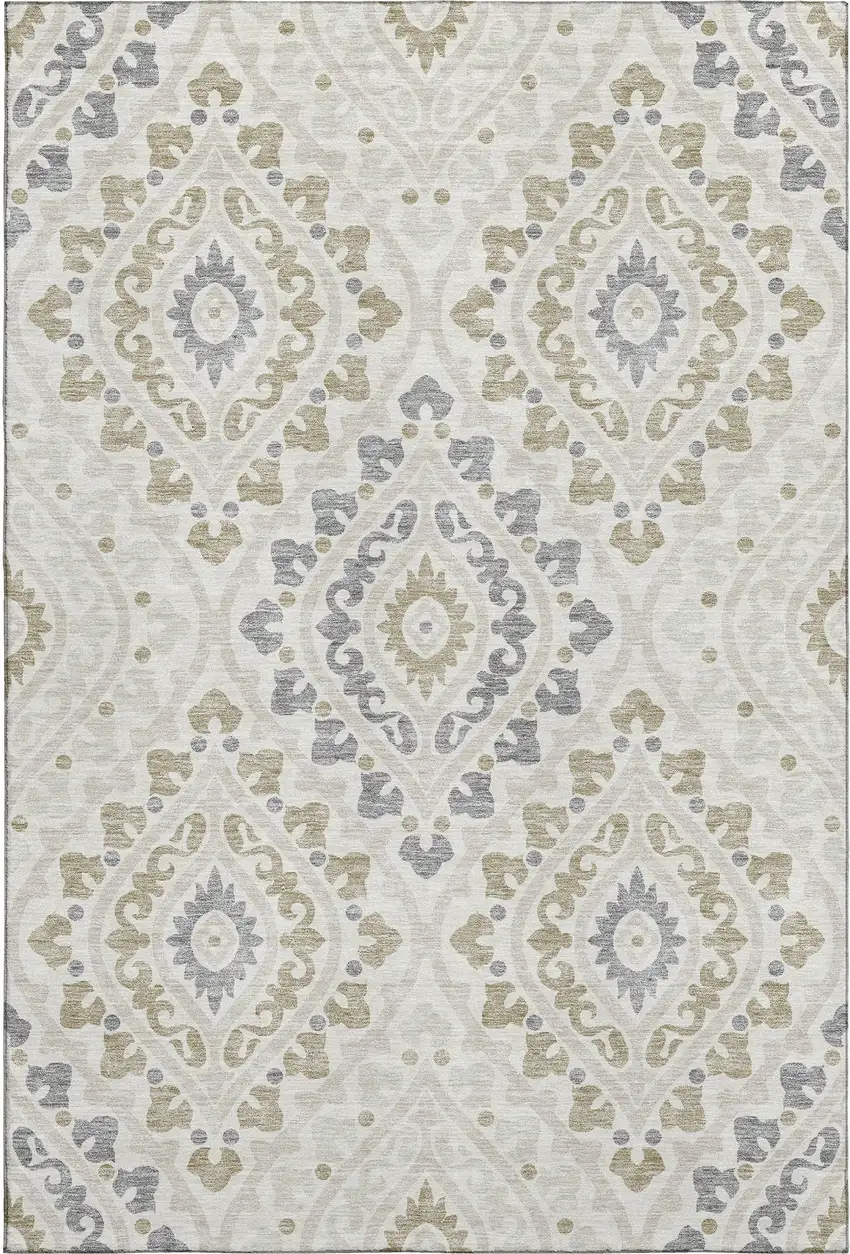 Ivory Gray And Taupe Diamond Washable Area Rug With UV Protection Photo 1