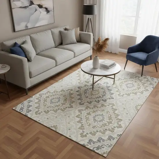 Ivory Gray And Taupe Diamond Washable Area Rug With UV Protection Photo 2