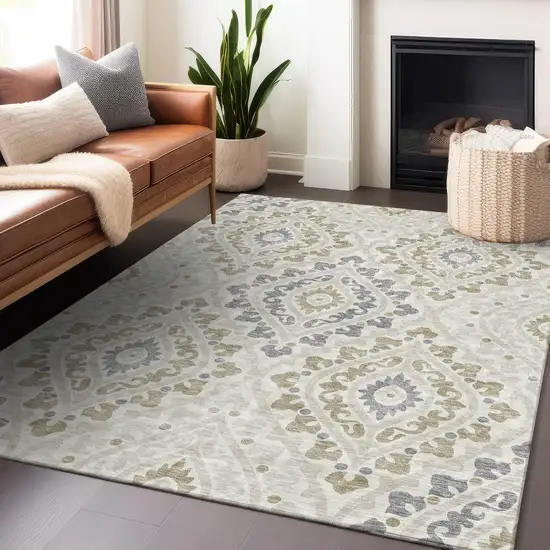 Ivory Gray And Taupe Diamond Washable Area Rug With UV Protection Photo 6