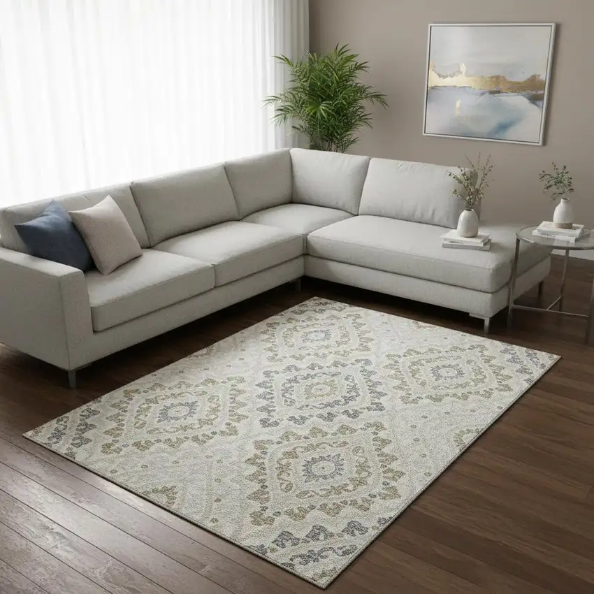 Ivory Gray And Taupe Diamond Washable Area Rug With UV Protection Photo 2