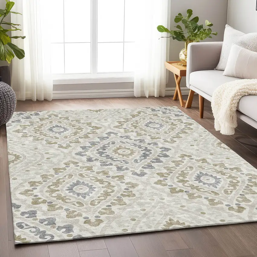 Ivory Gray And Taupe Diamond Washable Area Rug With UV Protection Photo 5