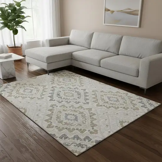 Ivory Gray And Taupe Diamond Washable Area Rug With UV Protection Photo 2