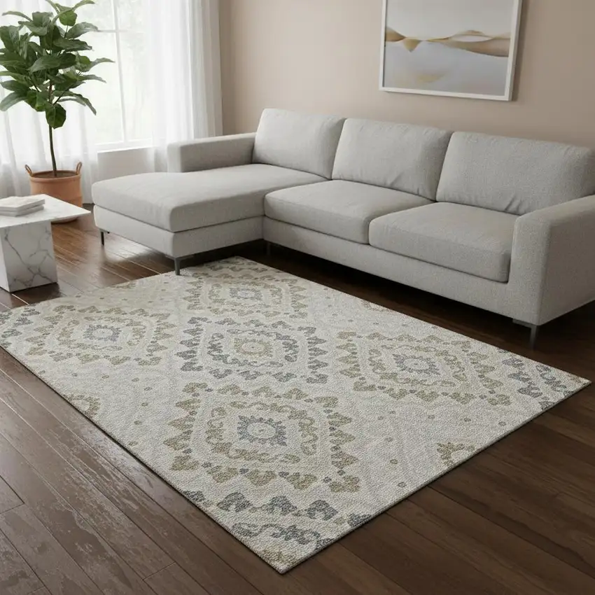 Ivory Gray And Taupe Diamond Washable Area Rug With UV Protection Photo 2