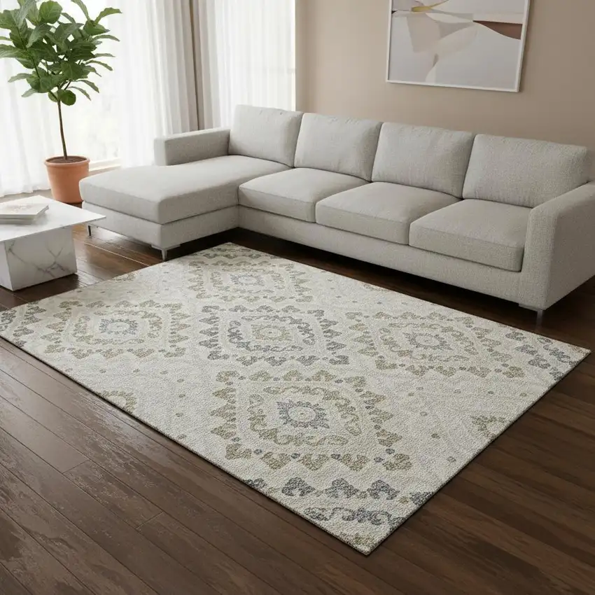 Ivory Gray And Taupe Diamond Washable Area Rug With UV Protection Photo 2