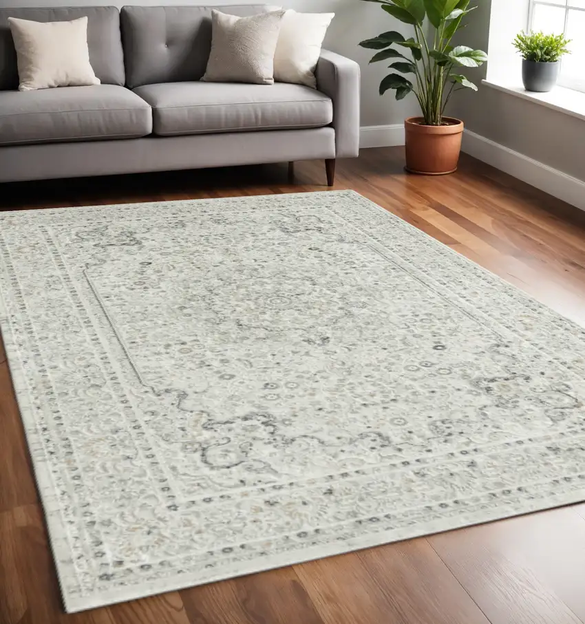 Ivory Gray And Taupe Floral Power Loom Stain Resistant Area Rug Photo 1