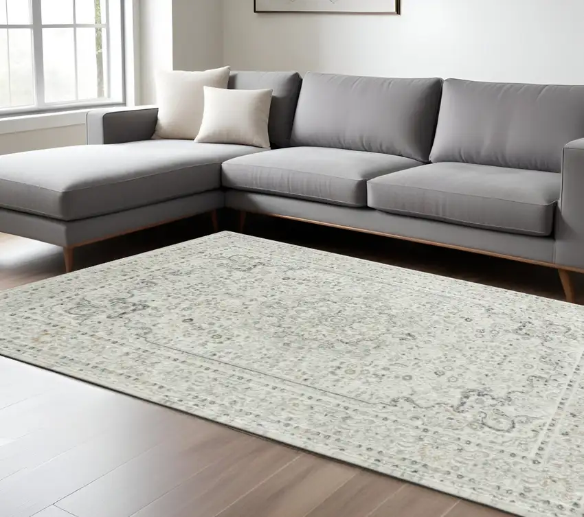 Ivory Gray And Taupe Floral Power Loom Stain Resistant Area Rug Photo 1