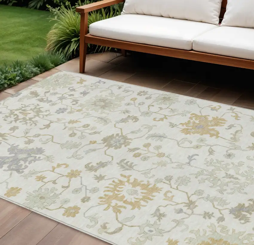Ivory Gray And Taupe Floral Washable Indoor Outdoor Area Rug Photo 2