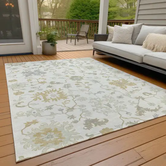 Ivory Gray And Taupe Floral Washable Indoor Outdoor Area Rug Photo 7