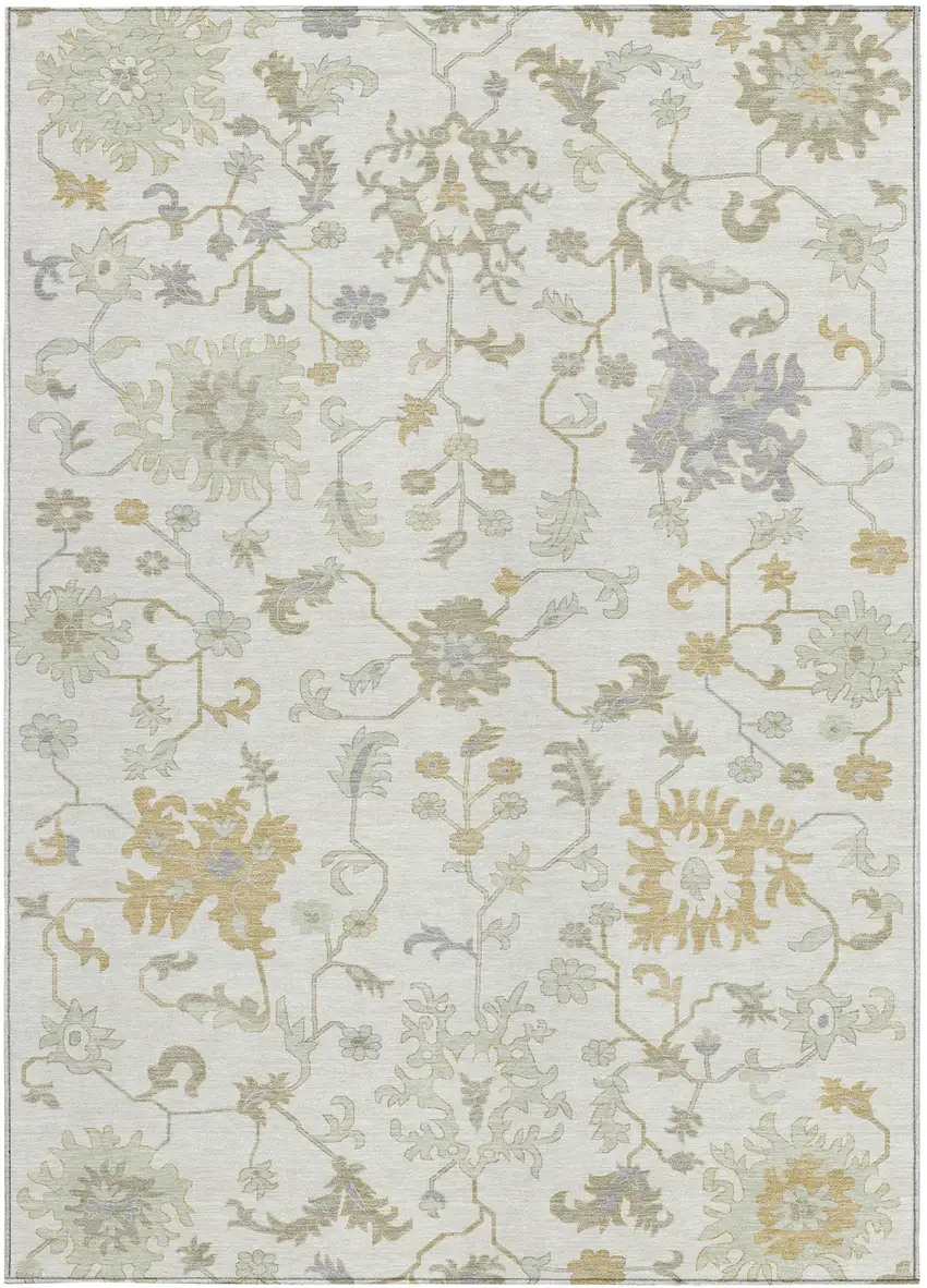 Ivory Gray And Taupe Floral Washable Indoor Outdoor Area Rug Photo 1