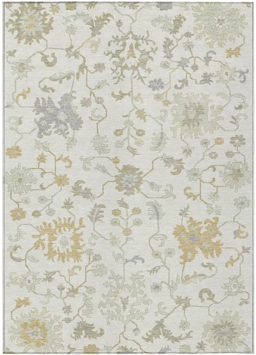 Ivory Gray And Taupe Floral Washable Indoor Outdoor Area Rug Photo 3