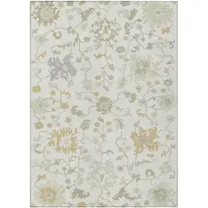 Photo of Ivory Gray And Taupe Floral Washable Indoor Outdoor Area Rug